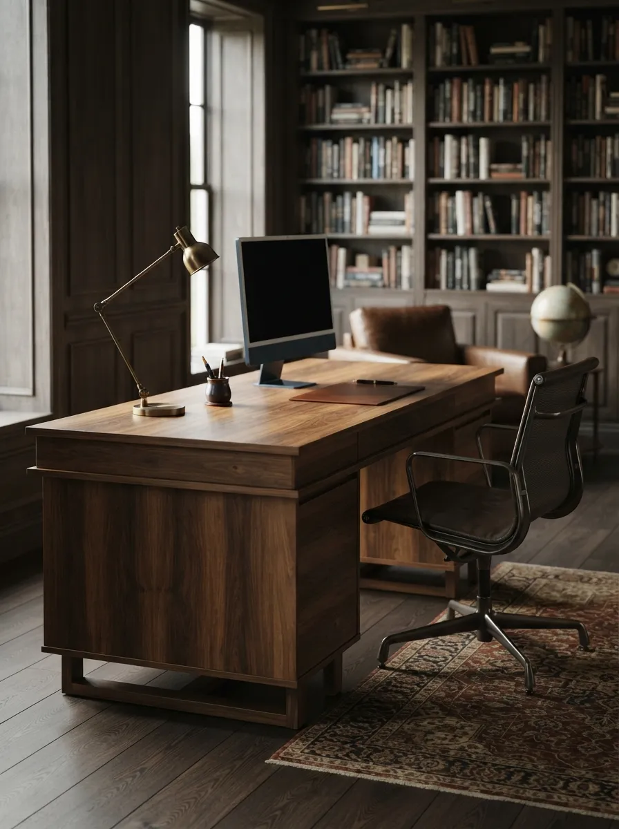 Substantial warm dark wood-toned executive desk in a paneled study with one dark unreadable monitor, task lamp, and library backdrop