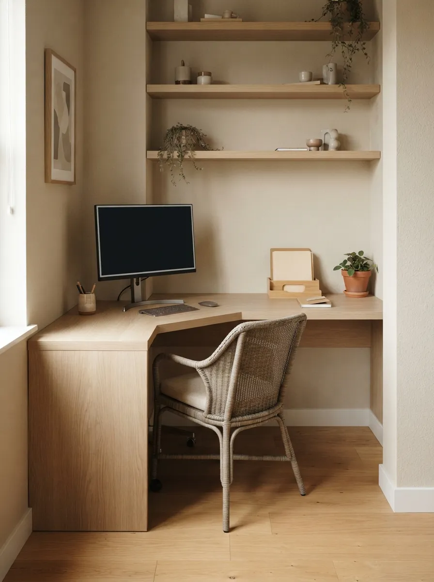 Connected light wood-toned L-shaped desk in an alcove with one dark unreadable monitor, paper storage, wall shelves, and a woven-look chair