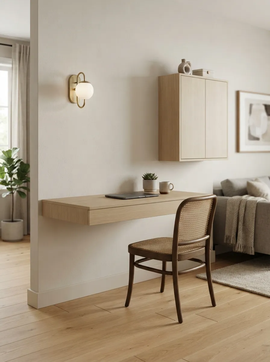 Pale wood-toned wall-mounted floating desk with a shallow profile, visible underside, open floor below, compact chair, and wall sconce