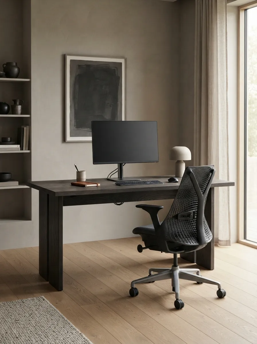 Charcoal-stained-looking straight desk with one centered dark unreadable monitor, keyboard, mouse, task chair, and minimal visible cable routing