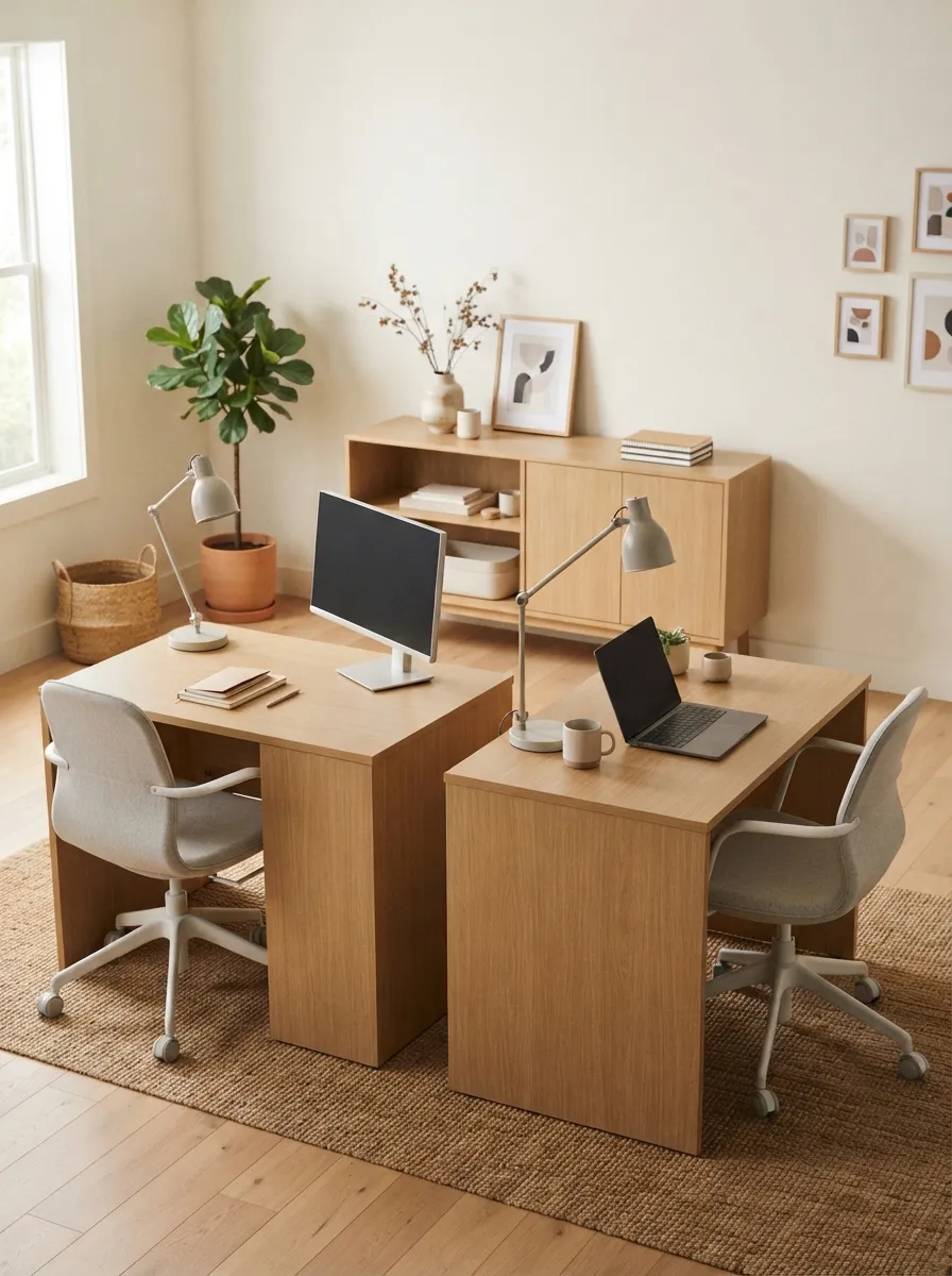 Two separate compact light wood-toned desks facing opposite directions with two task chairs, two task lights, and one shared storage unit