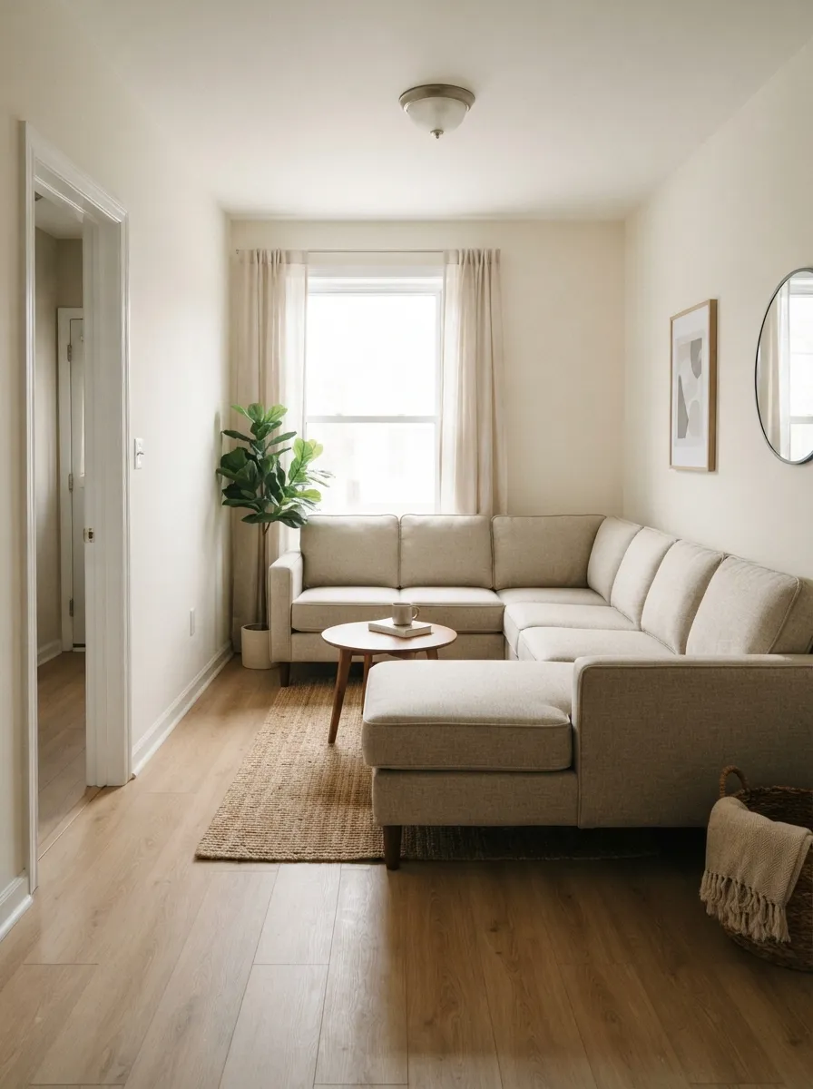 Light-neutral L-shaped sectional tucked into a compact living room corner with a visible floor route and secondary coffee table