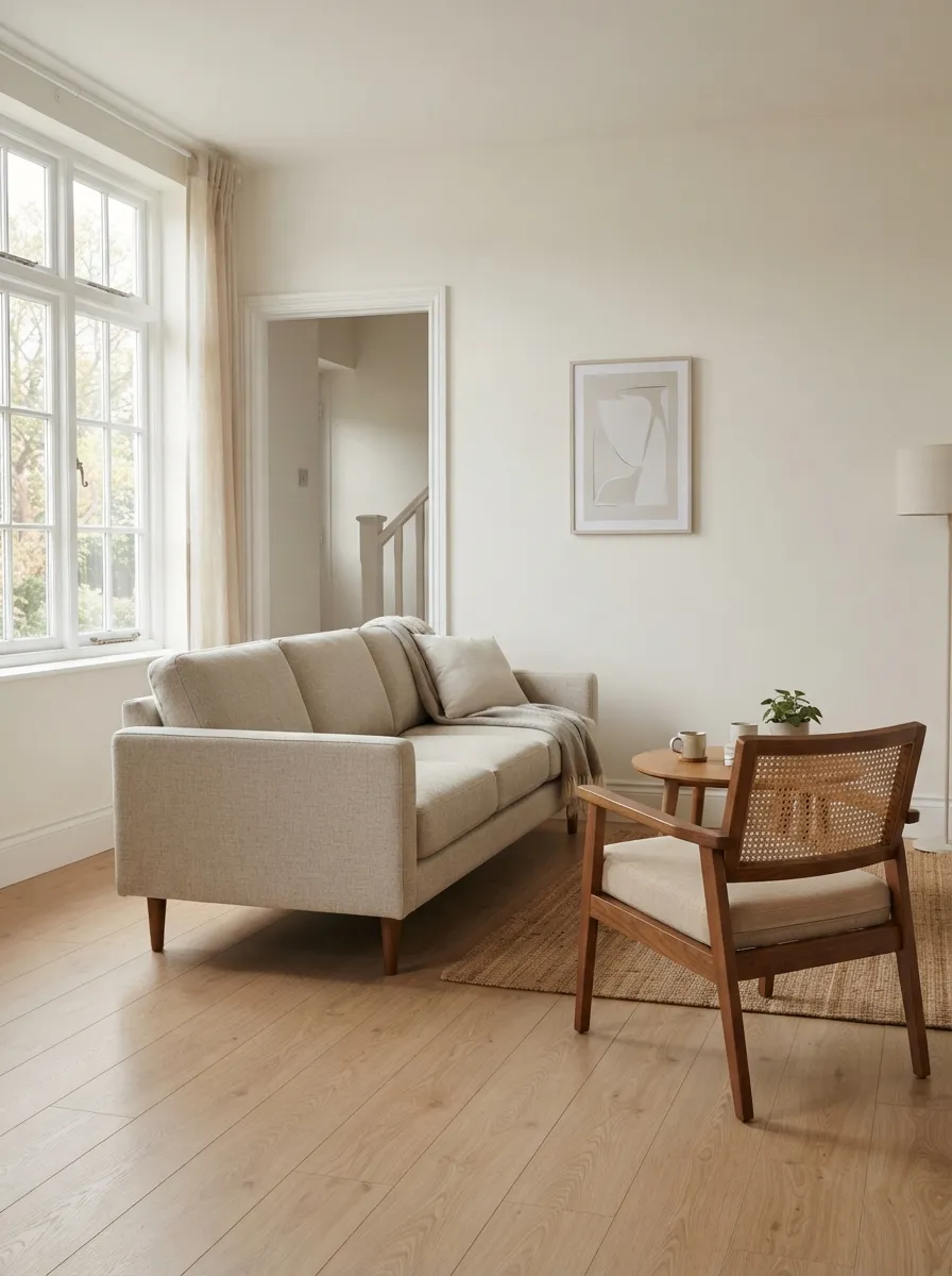 Straight light-neutral sofa with one separate lounge chair, visible floor between the pieces, and a secondary coffee table in a compact living room