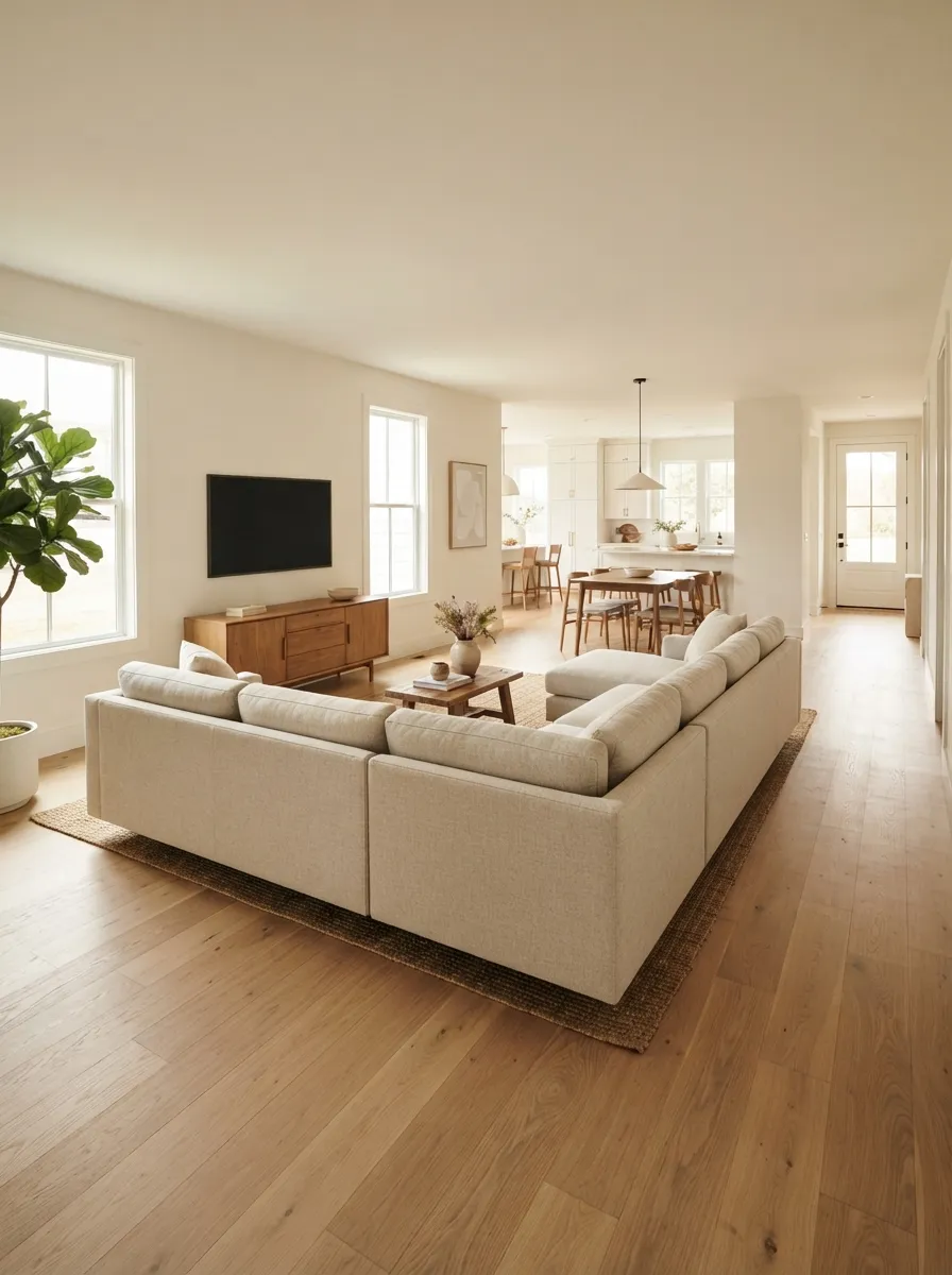 Light-neutral L-shaped sectional floating in an open-plan room with its back defining the living area and a dark inactive television in the distance