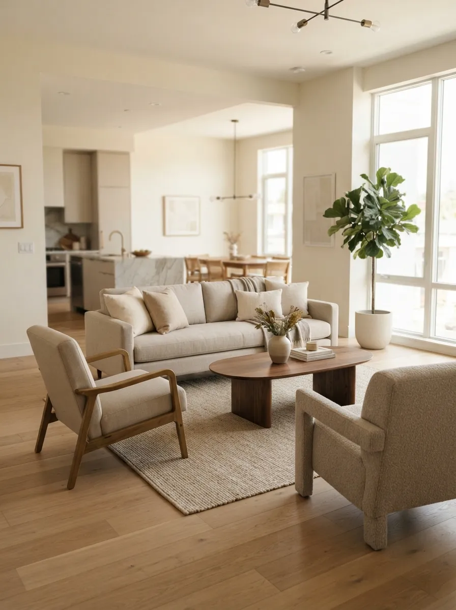 Straight light-neutral sofa with two separate inward-facing accent chairs around a central coffee table in an open-plan living room