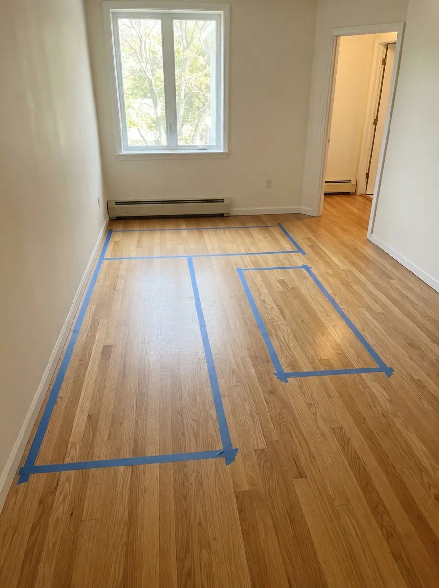 Flat blue painter's tape forming an L-shaped sectional footprint and a smaller separate coffee-table footprint on a living-room floor