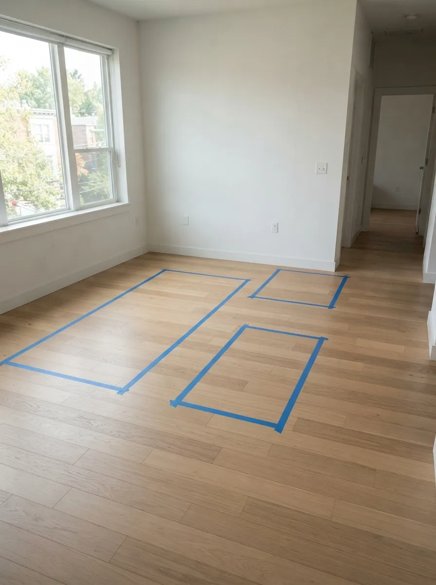 Flat blue painter's tape marking one long sofa footprint, one smaller separate chair footprint, and a smaller coffee-table footprint with open floor between them