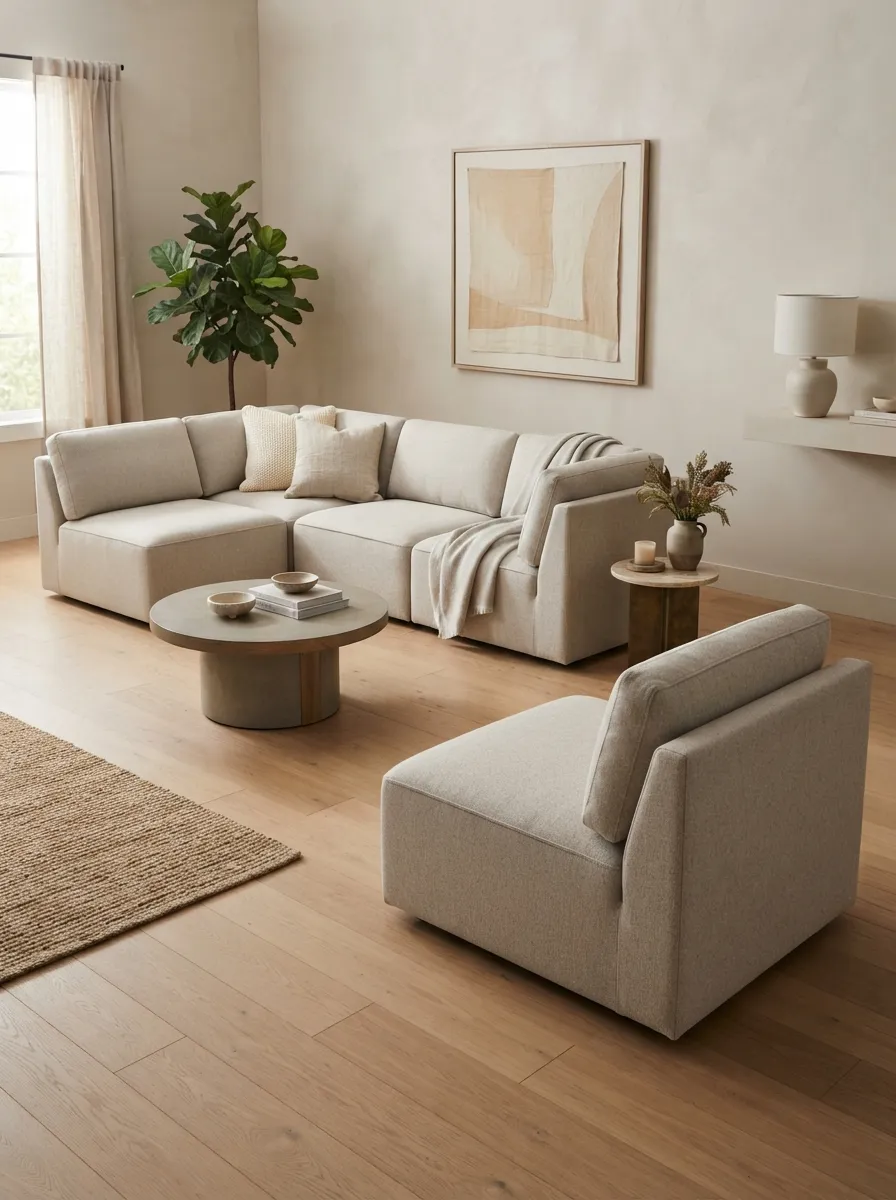 Warm-neutral sofa-like grouping with one detached matching backrest-bearing single-seat unit and visible floor between the pieces