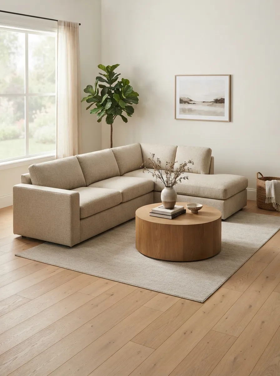 Light-neutral L-shaped sectional with one connected silhouette, a fixed-looking return direction, and no detached matching seating piece