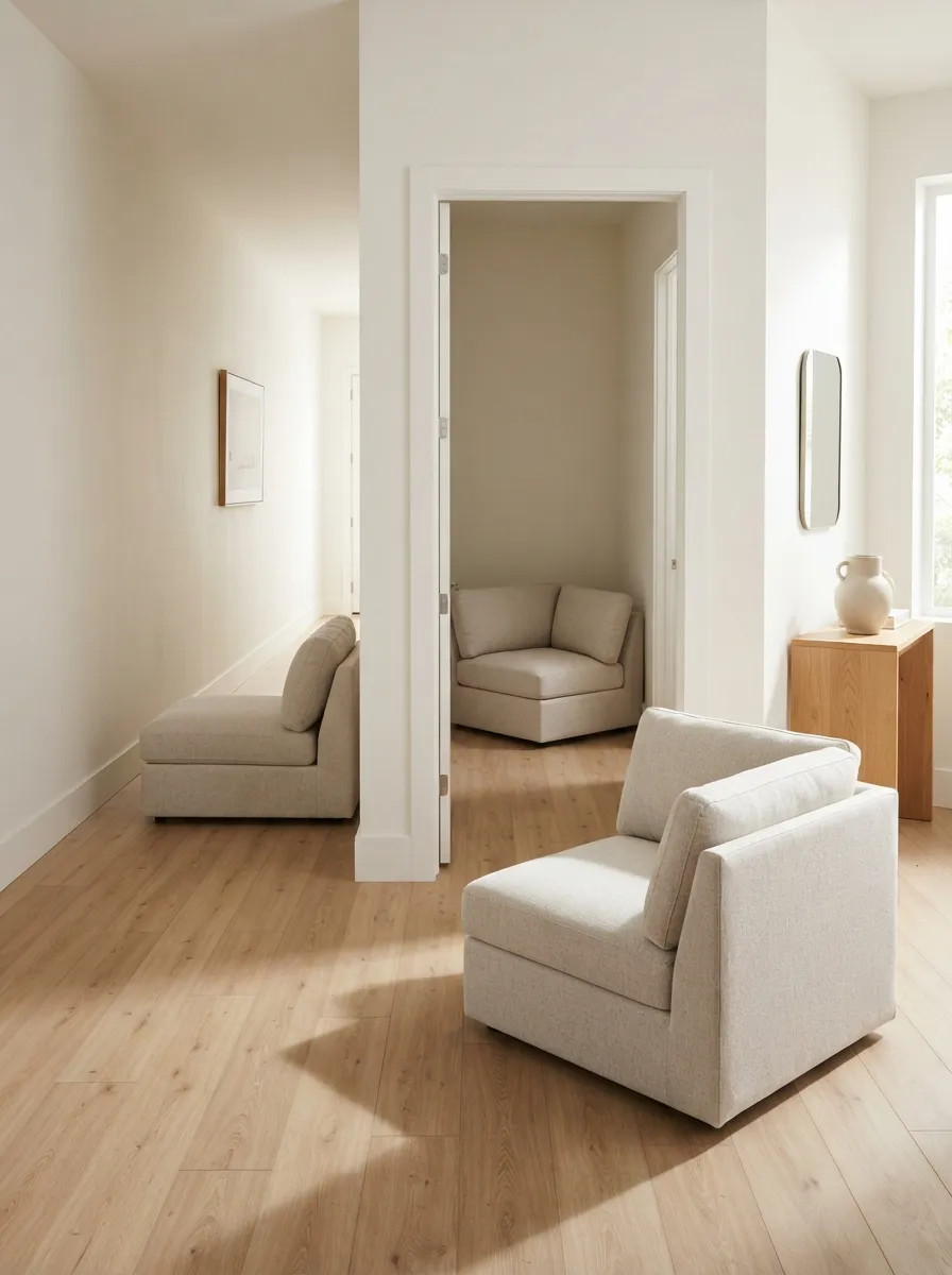 Three separate matching light-neutral seating components staged around a doorway and hallway turn with visible floor gaps between them
