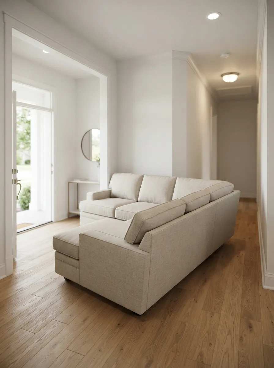 One large connected light-neutral upholstered sectional mass positioned near a doorway and perpendicular hallway turn