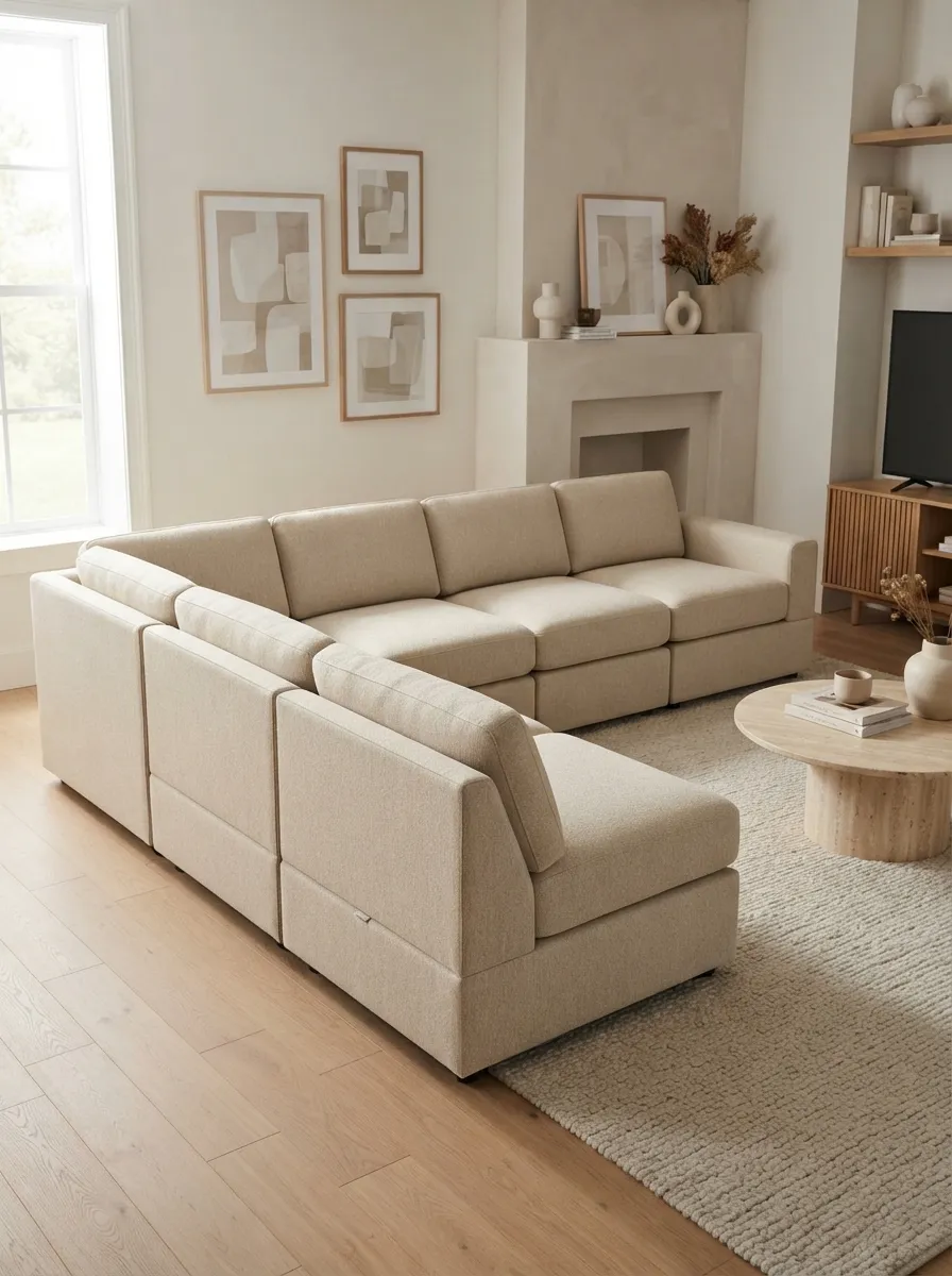 Connected light-neutral L-shaped sectional with repeated seating proportions, aligned vertical seams, and visible unit boundaries