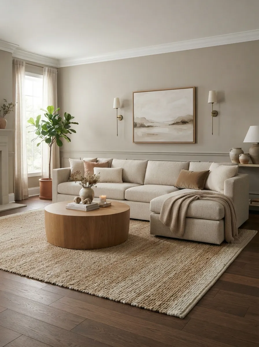 Light-neutral L-shaped sectional along a long wall with a continuous-looking lower body and one settled chaise or return direction