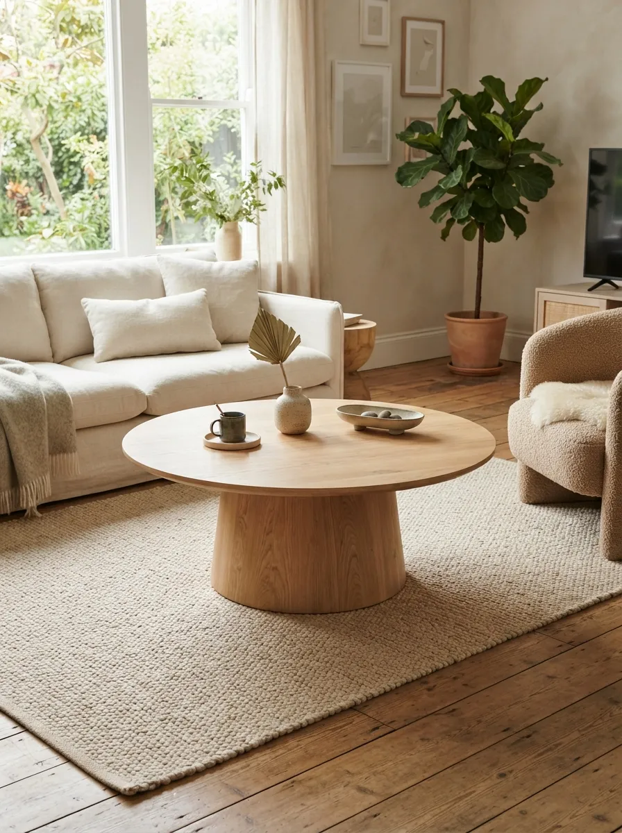 Round light wood-toned coffee table with a pedestal-style base in a bright warm organic-modern living room