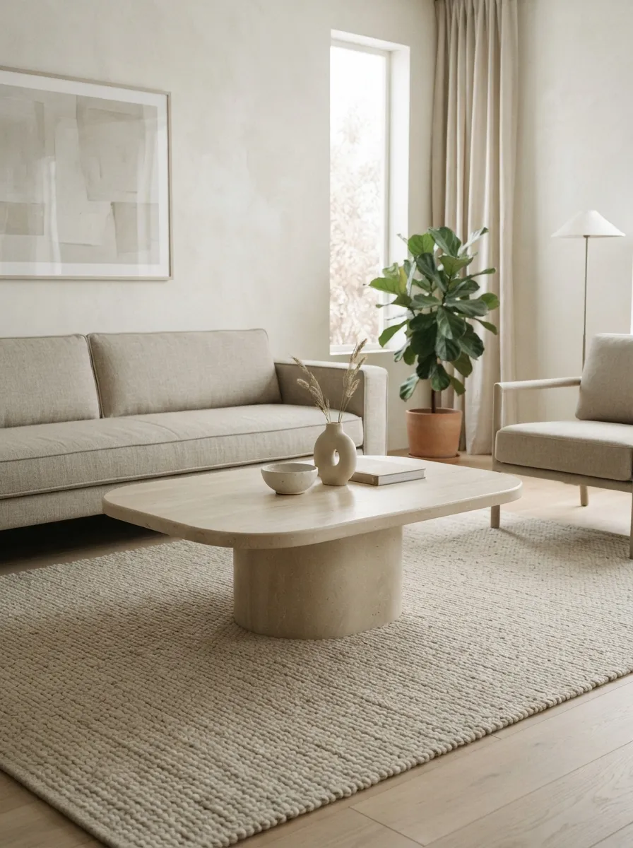 Low pale stone-look coffee table with a rounded pedestal base in a softly lit architectural living room