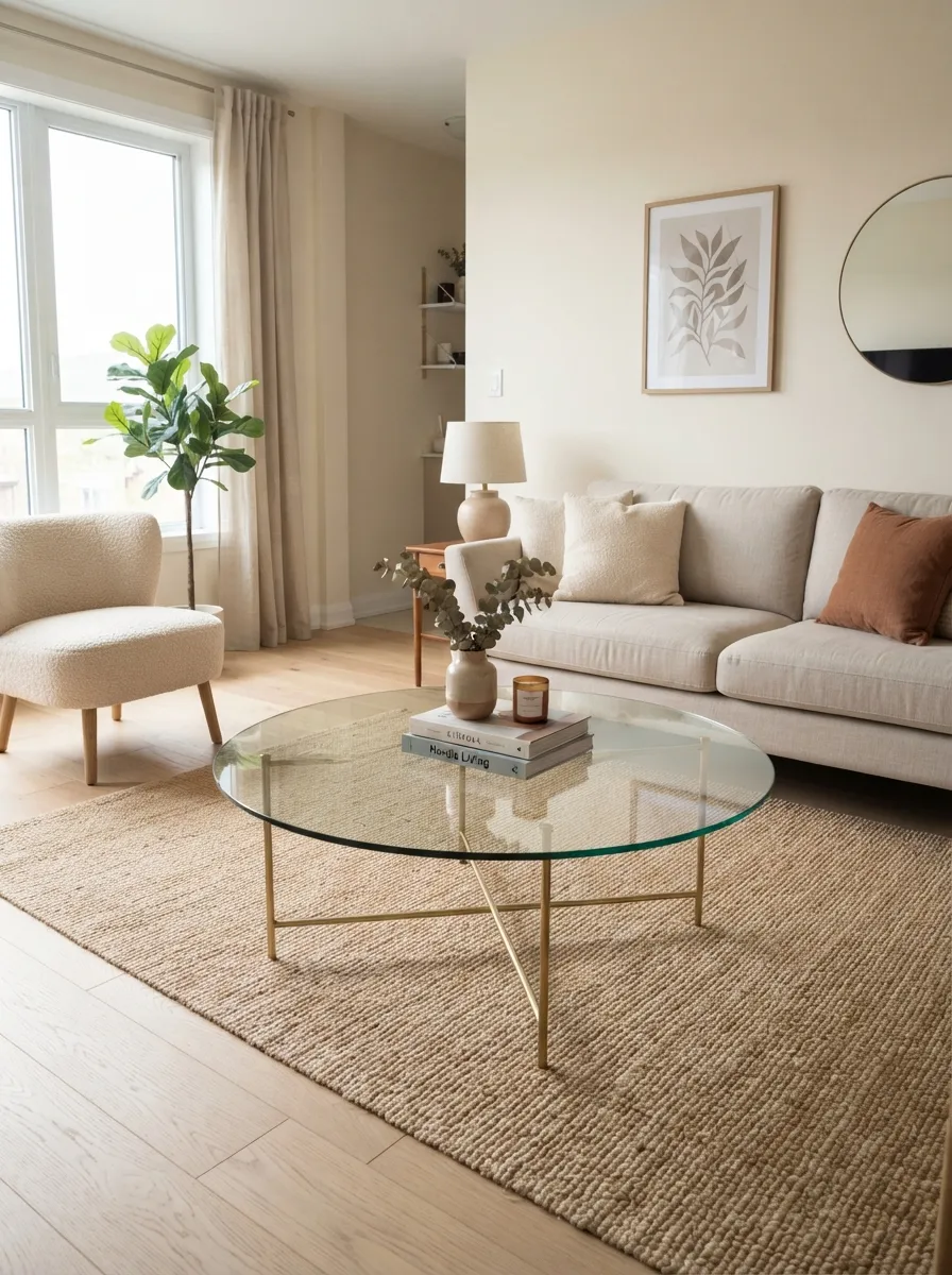Clear glass coffee table with a transparent top and slim supports in a compact living room with visible rug and floor beneath