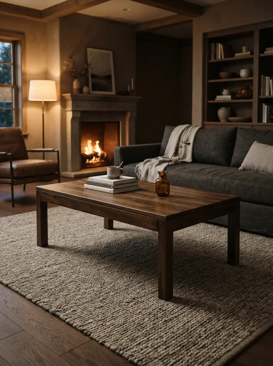 Dark wood-toned rectangular coffee table with visible legs and grain variation in a moody warm living room