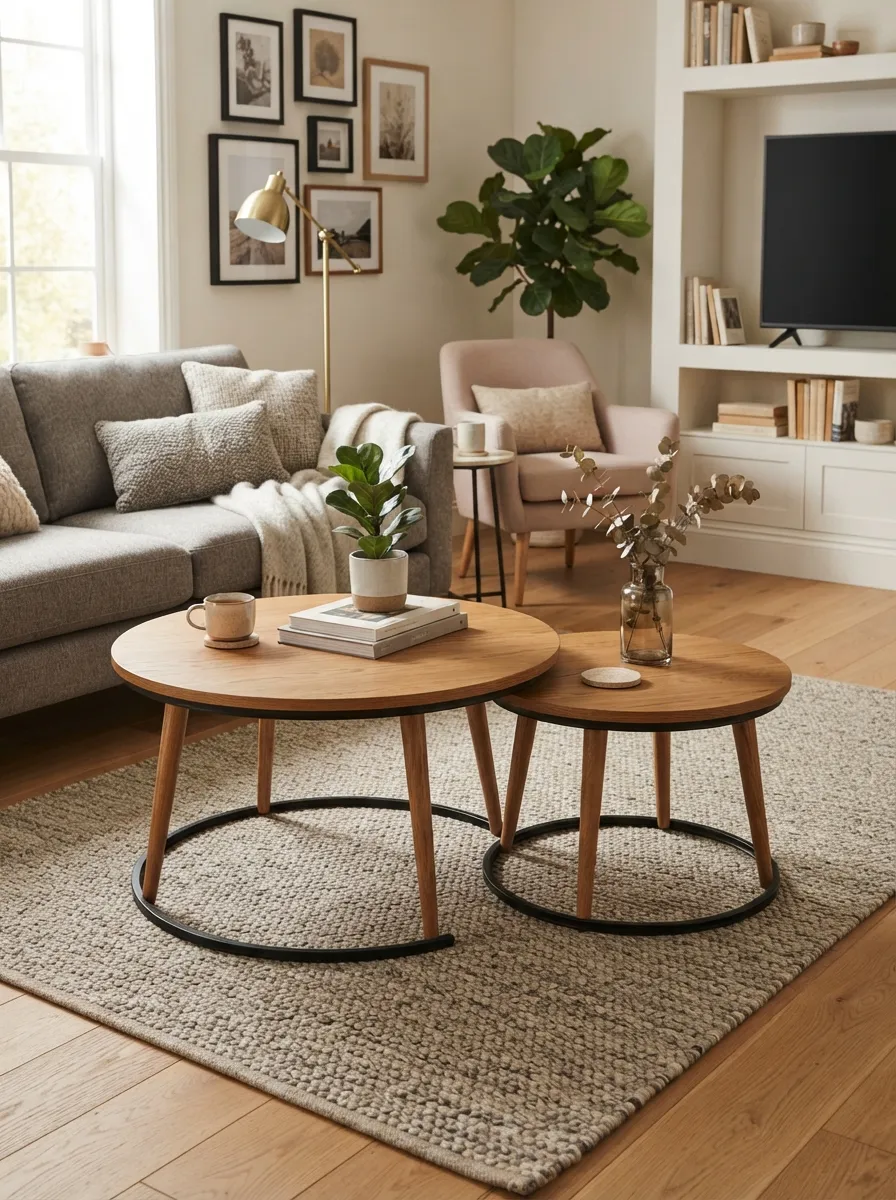 Two coordinated nesting coffee tables with one larger table and one smaller overlapping companion in a family living room