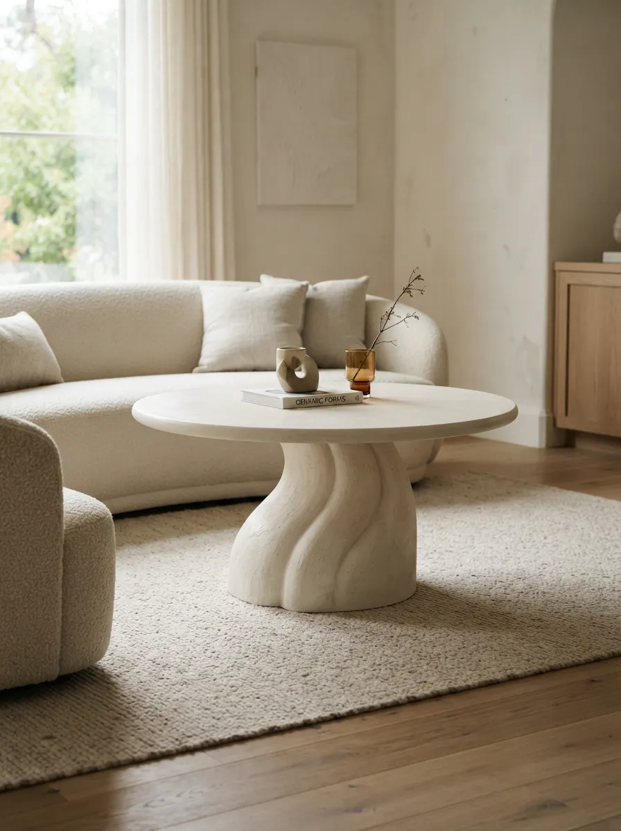 Sculptural pedestal coffee table with a complete tabletop and monolithic-looking base in a refined neutral living room