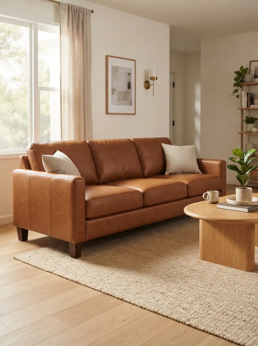 Warm brown standard sofa with a smooth leather-like surface, visible arms and legs, in a bright sunlit family living room