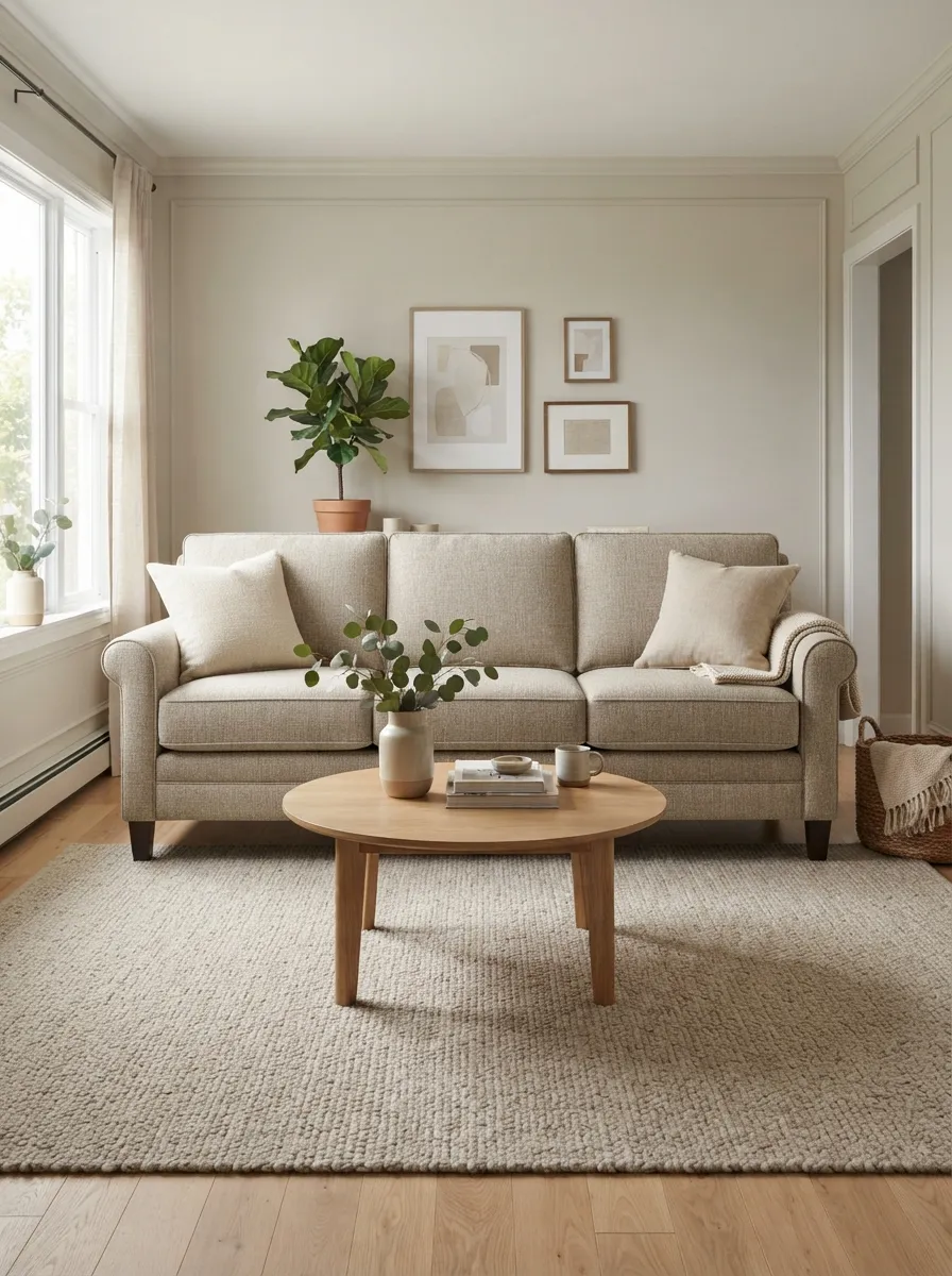 Light warm-neutral standard sofa with a woven-looking fabric-like surface in a bright sunlit family living room