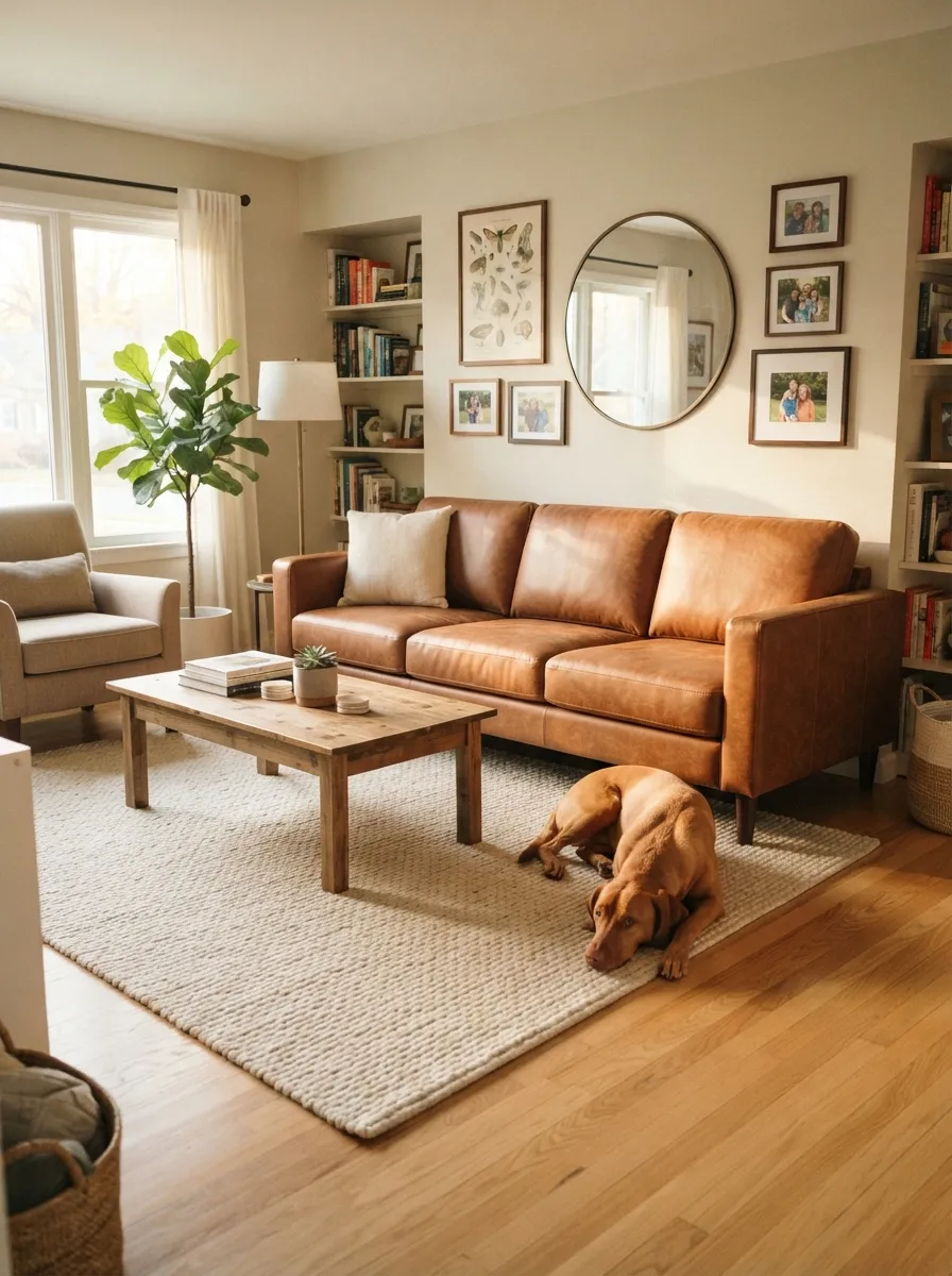 Warm brown leather-like standard sofa with one calm medium-size dog resting on the rug in front of it