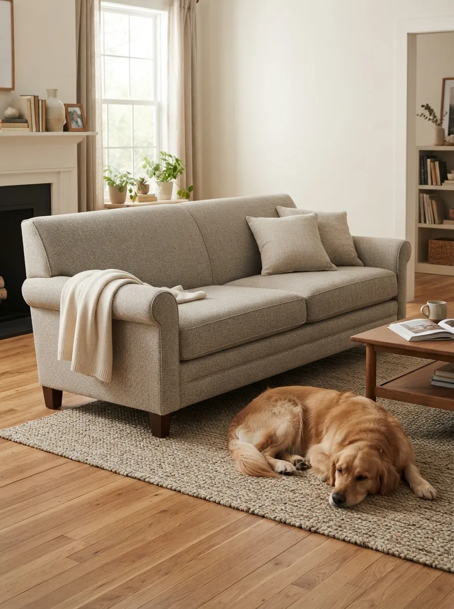 Light warm-neutral fabric-like standard sofa with one calm medium-size dog resting on the rug nearby