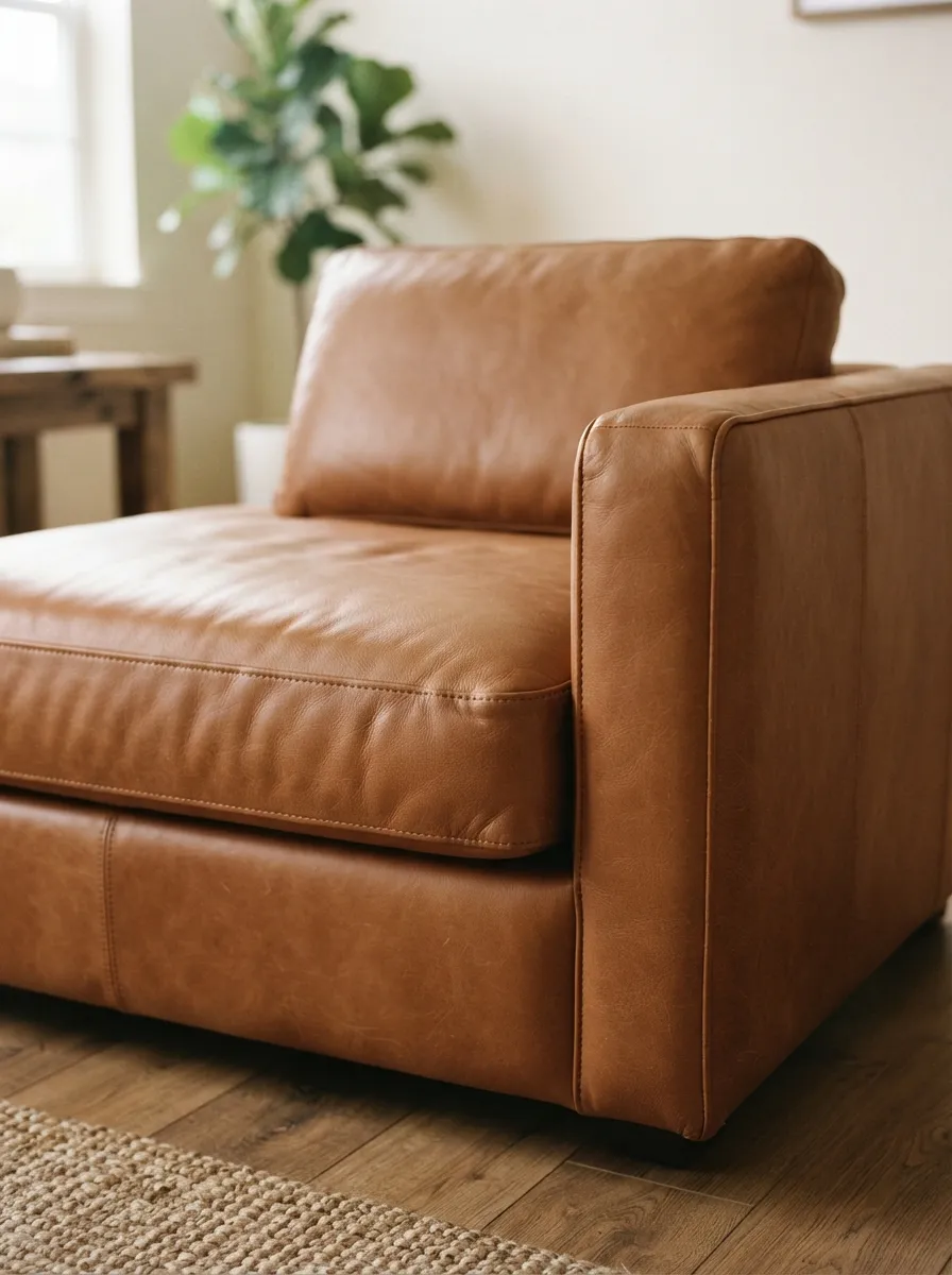 Close sofa detail showing a warm brown leather-like seat cushion, arm, back cushion, seams, piping, and stitching