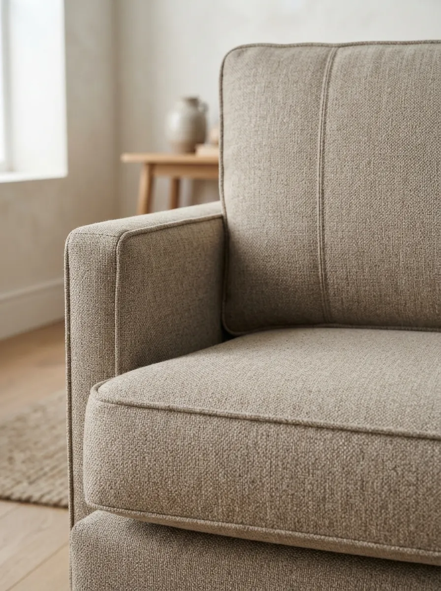 Close sofa detail showing warm-neutral fabric-like upholstery with a fine woven-looking surface, seams, piping, and stitching