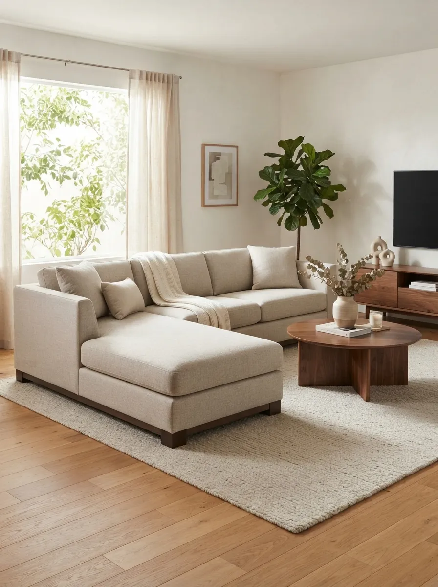 Light warm-neutral sectional with one chaise-style extension projecting forward from one end in a bright living room