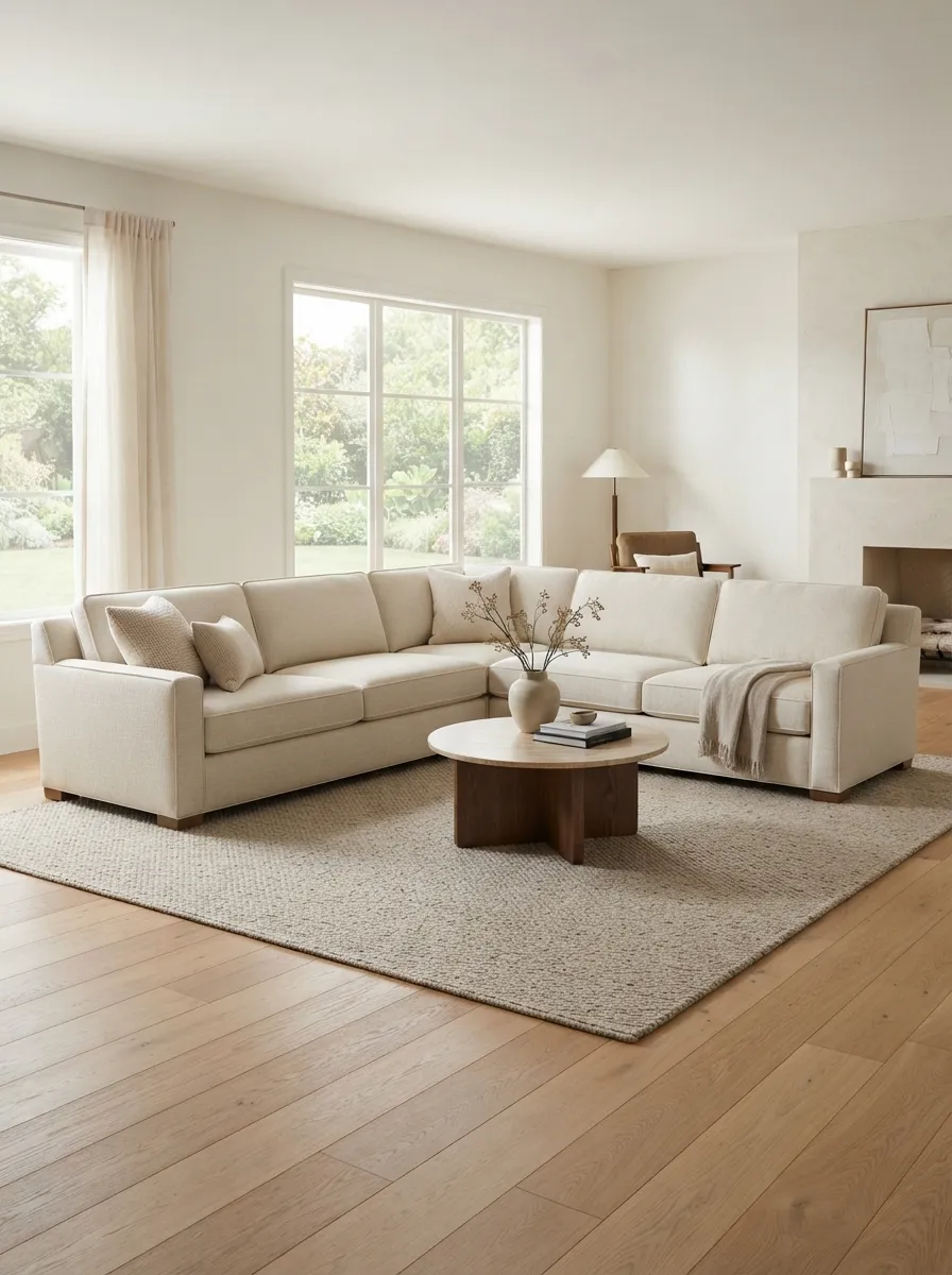 Light warm-neutral standard L-shaped sectional with two conventional-depth seating runs meeting at a corner