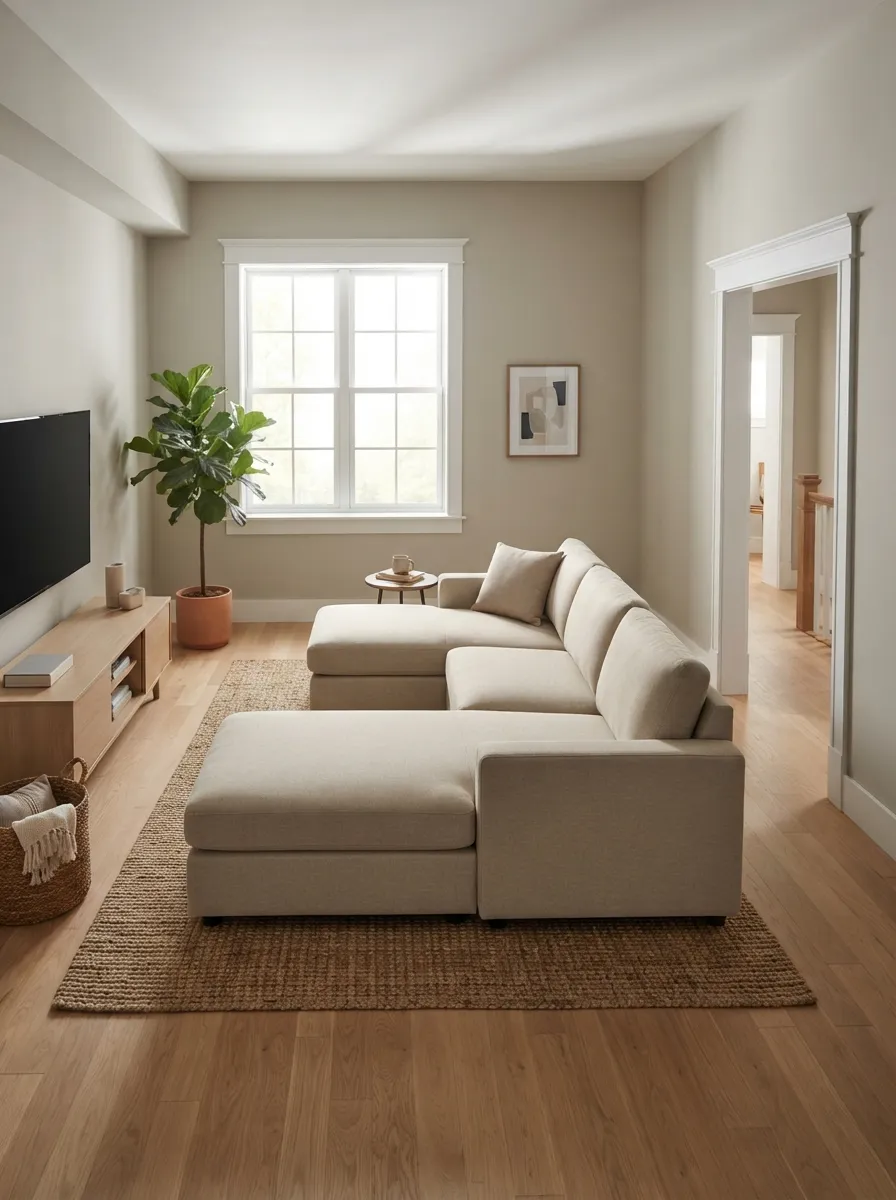 Light-neutral sectional with a visible chaise-style extension in a compact room with a doorway, window, media wall, and open floor route