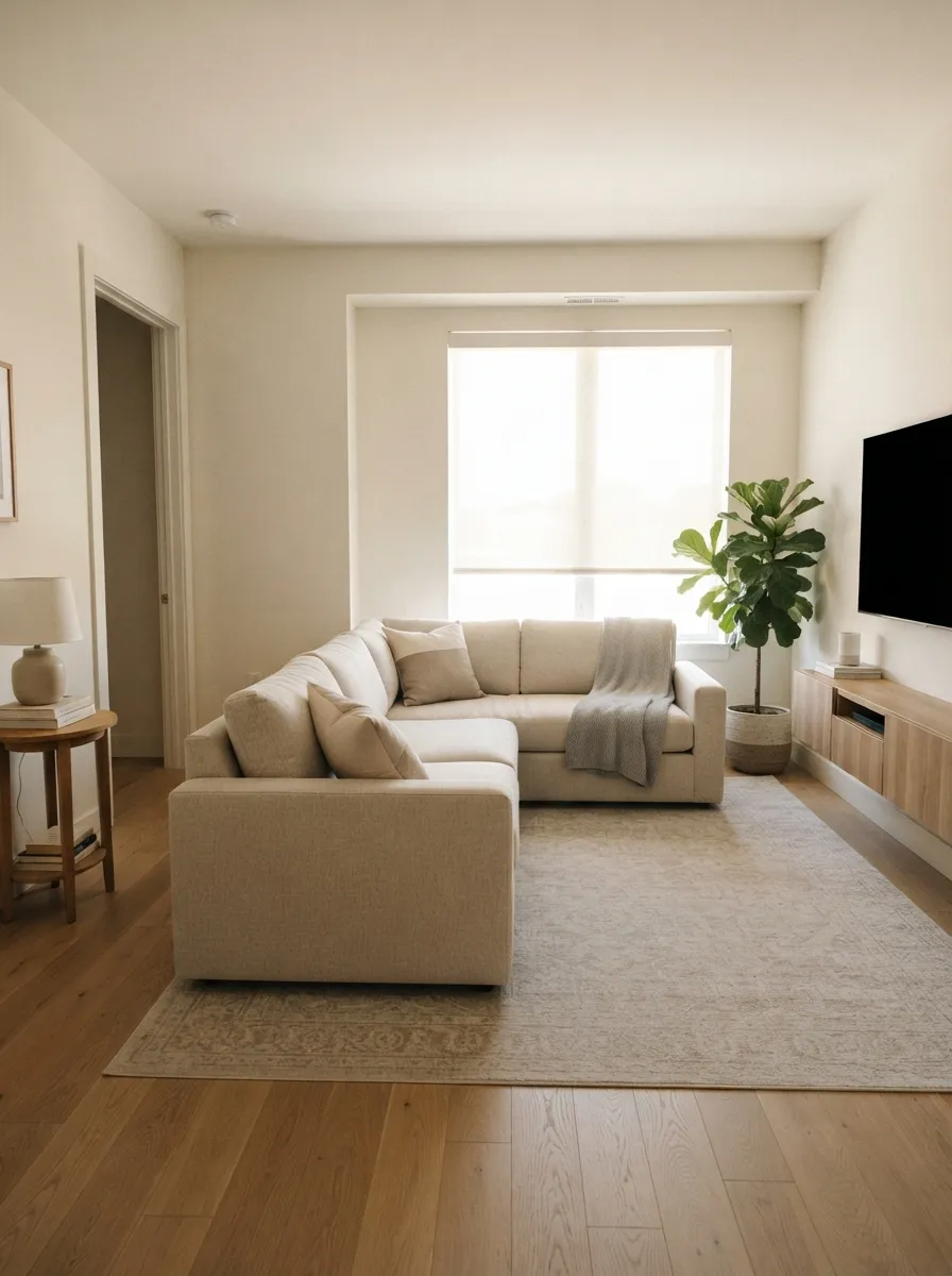 Light-neutral standard L-shaped sectional in a compact room with a visible doorway, window, media wall, and open floor