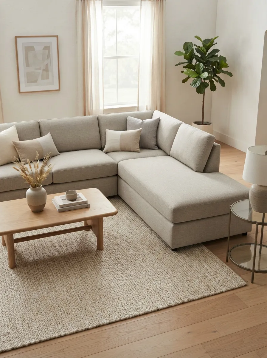 Light-neutral sectional with a chaise-style extension, one central coffee table, and one smaller separate side table near the chaise end