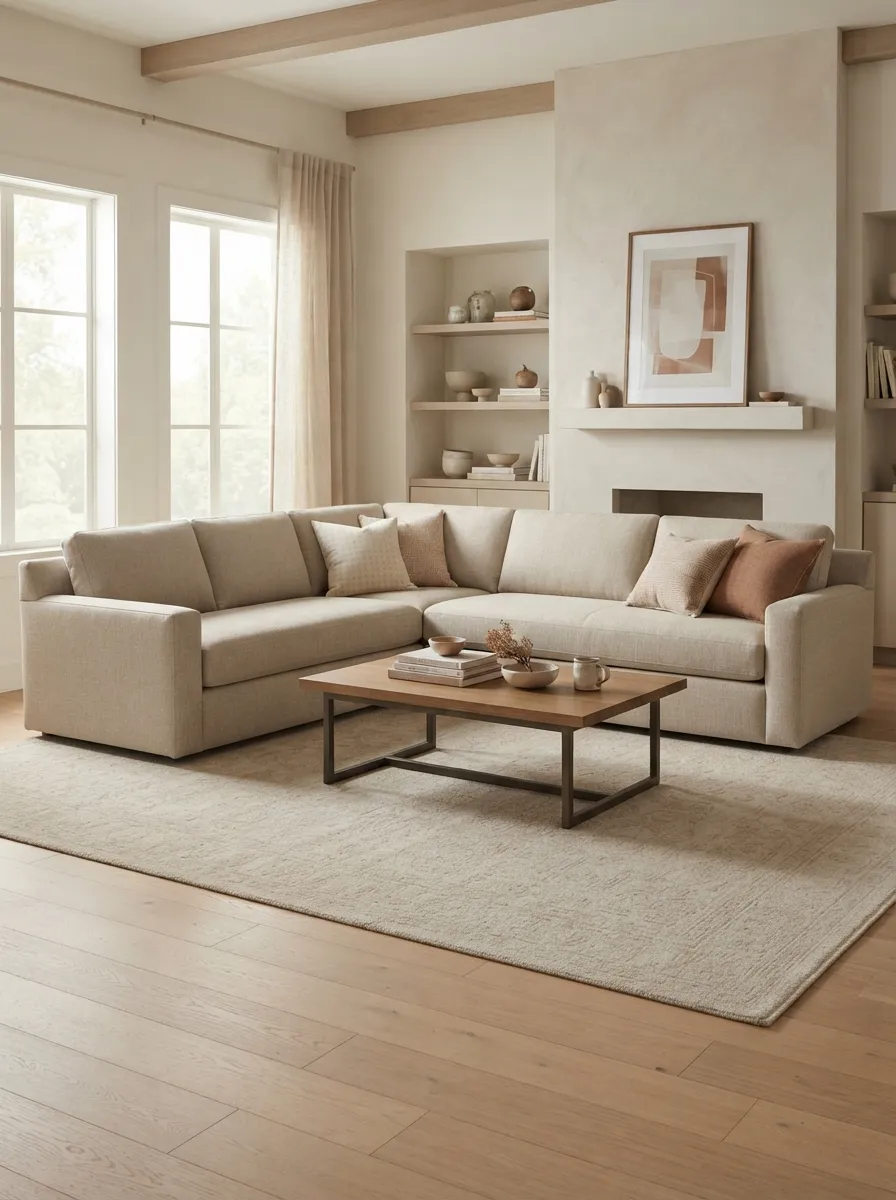 Light-neutral standard L-shaped sectional with one central coffee table shared by both seating runs